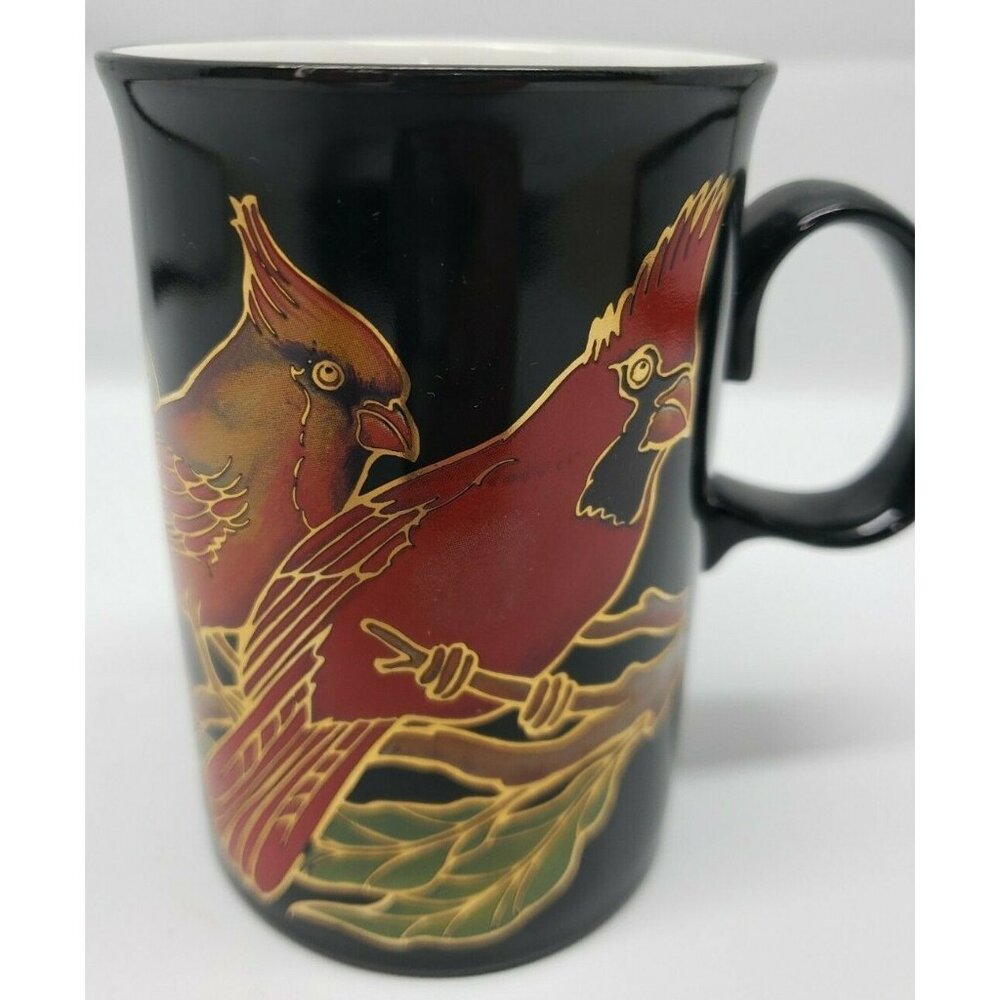 Dunoon Scotland Stoneware Mug Black Gold Red Blue Colorful Birds Scotland